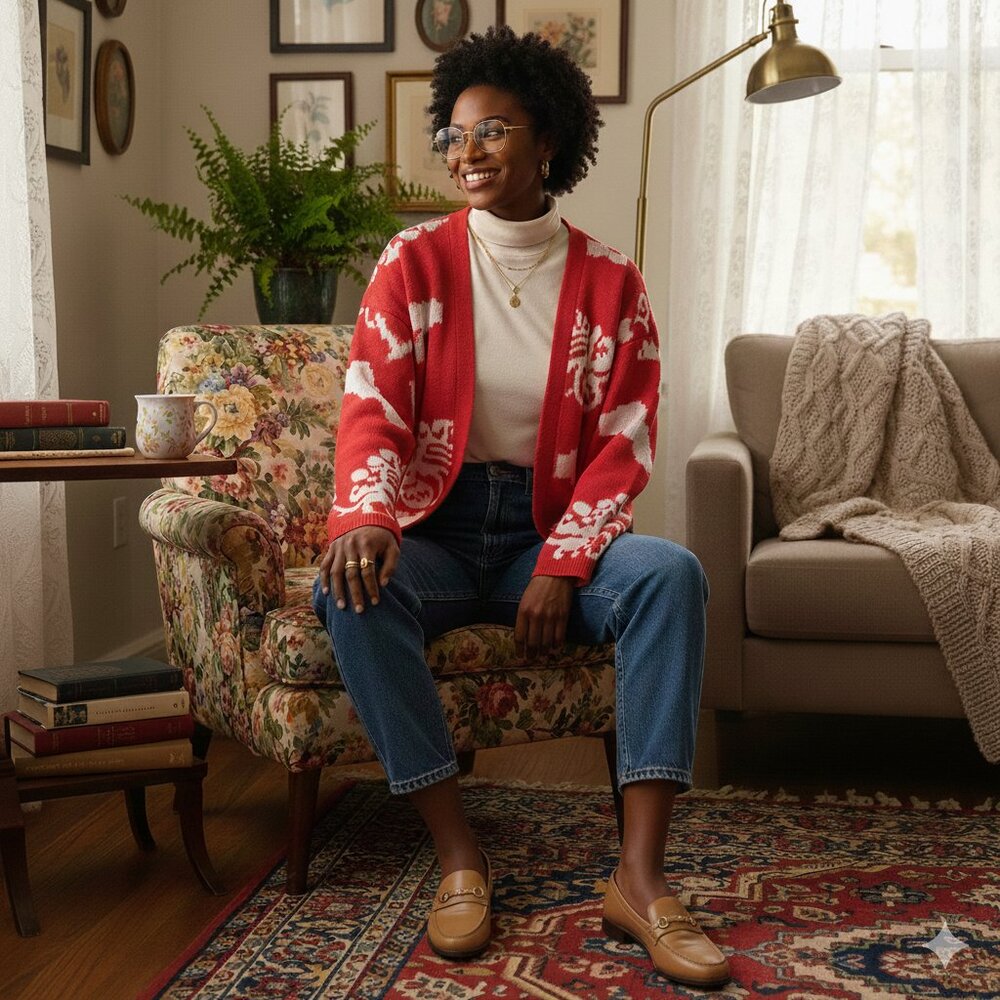Vintage Bramble Lane Open Front Cardigan Sweater L Red White Floral Damask